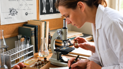 Female scientist researching Vitamin K2 menaquinone history and chemical structures with a microscope in a laboratory.