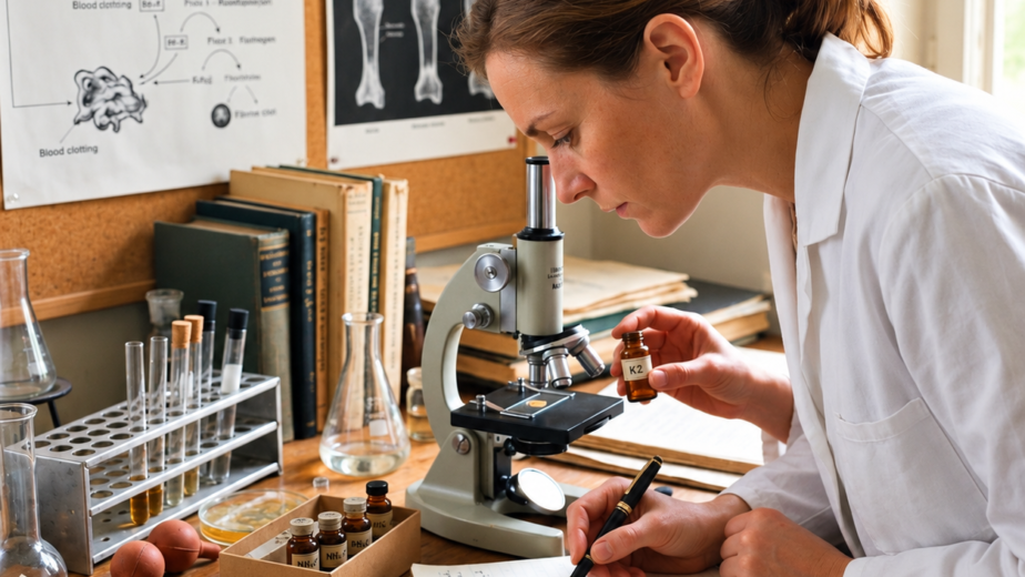 Female scientist researching Vitamin K2 menaquinone history and chemical structures with a microscope in a laboratory.