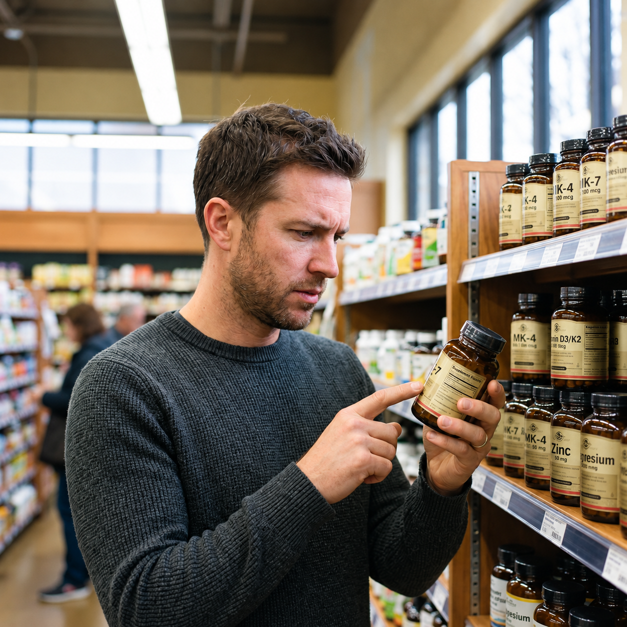 A man in a dark grey sweater stands in a store aisle, thoughtfully examining and pointing to the ingredient label on an amber glass Vitamin K2 supplement bottle.