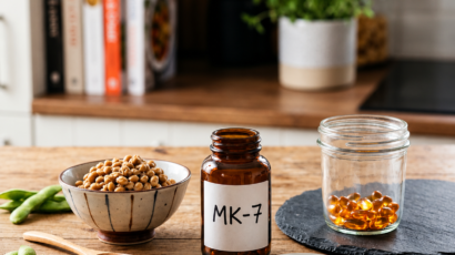 Whole food Vitamin K2 sources including fermented natto shown beside a clean supplement bottle and softgels.