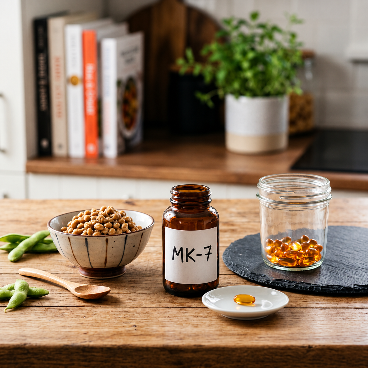 Whole food Vitamin K2 sources including fermented natto shown beside a clean supplement bottle and softgels.