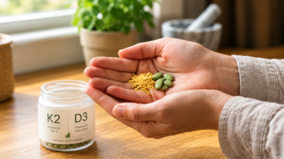 Vitamin K2 and D3 supplements with green tablets and nutritional powder, highlighting vitamin supplementation, bone health, nutrition, and wellness