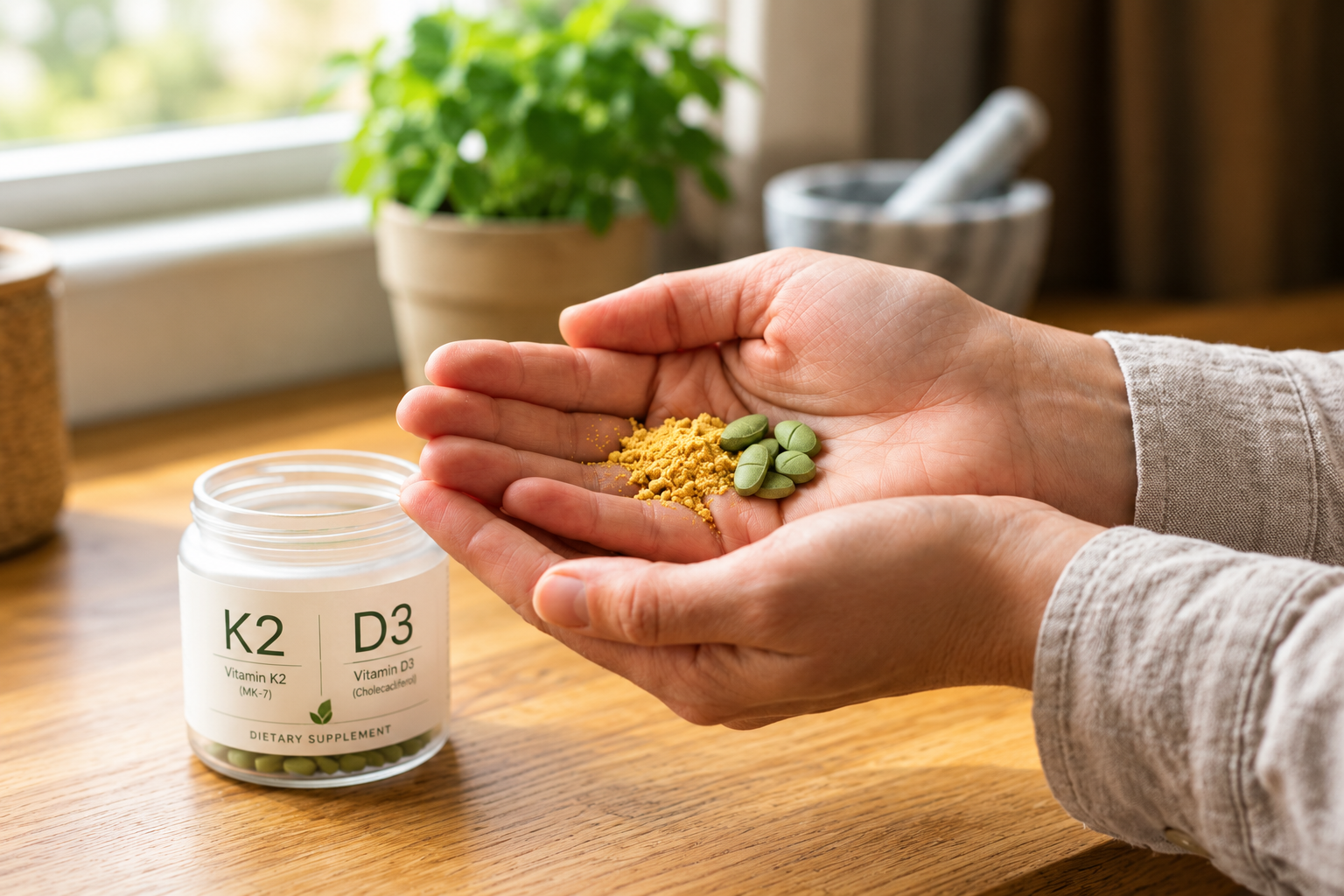 Vitamin K2 and D3 supplements with green tablets and nutritional powder, highlighting vitamin supplementation, bone health, nutrition, and wellness