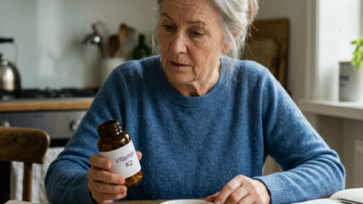 A middle-aged woman sitting at a wooden kitchen table, looking thoughtfully at a brown bottle of Vitamin K2 supplements. Laid out on the table in front of her are natural food sources of Vitamin K2, including a small plate of natto, a bowl of softgels, a slice of cheese, and butter, alongside an open notebook