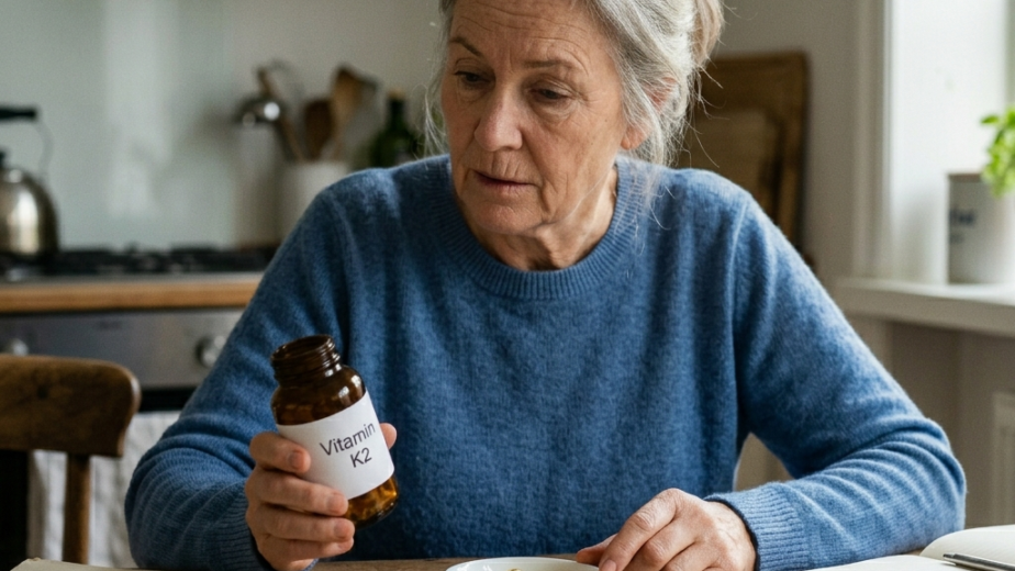 A middle-aged woman sitting at a wooden kitchen table, looking thoughtfully at a brown bottle of Vitamin K2 supplements. Laid out on the table in front of her are natural food sources of Vitamin K2, including a small plate of natto, a bowl of softgels, a slice of cheese, and butter, alongside an open notebook