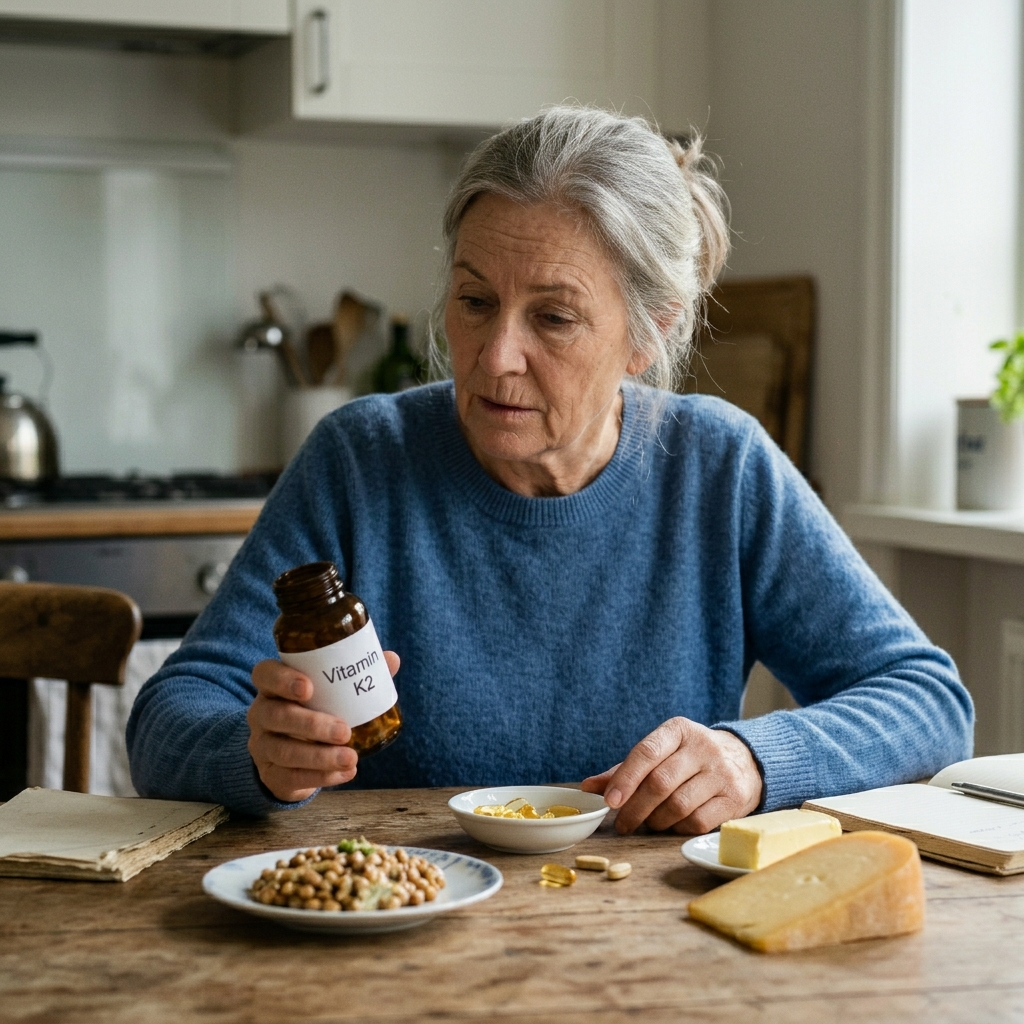 A middle-aged woman sitting at a wooden kitchen table, looking thoughtfully at a brown bottle of Vitamin K2 supplements. Laid out on the table in front of her are natural food sources of Vitamin K2, including a small plate of natto, a bowl of softgels, a slice of cheese, and butter, alongside an open notebook