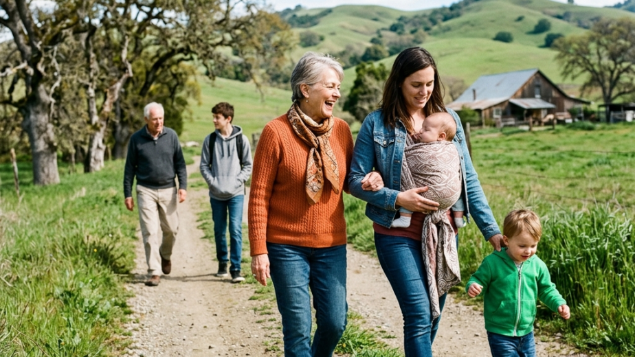 A multi-generational family—a grandmother, mother holding a baby, toddler, teenager, and grandfather—strolling and laughing together along a sunny dirt path on a farm.