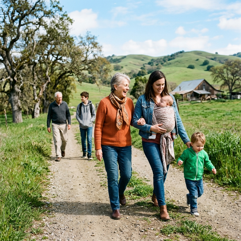 A multi-generational family—a grandmother, mother holding a baby, toddler, teenager, and grandfather—strolling and laughing together along a sunny dirt path on a farm.