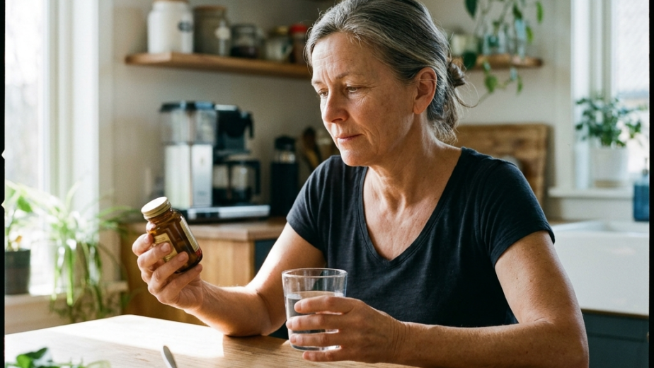 Woman reading a supplement bottle label at a kitchen table beside fermented foods, illustrating Vitamin K2 and calcium metabolism.