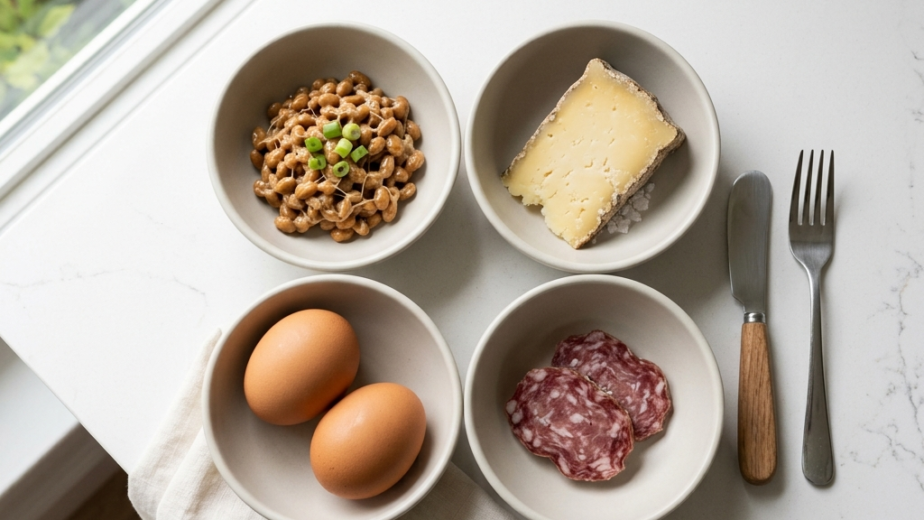 A top-down view of four small ceramic bowls arranged on a white marble countertop next to a bright window, containing rich food sources of vitamin K2: fermented natto topped with scallions, a wedge of aged cheese, two farm-fresh eggs, and cured salami slices.